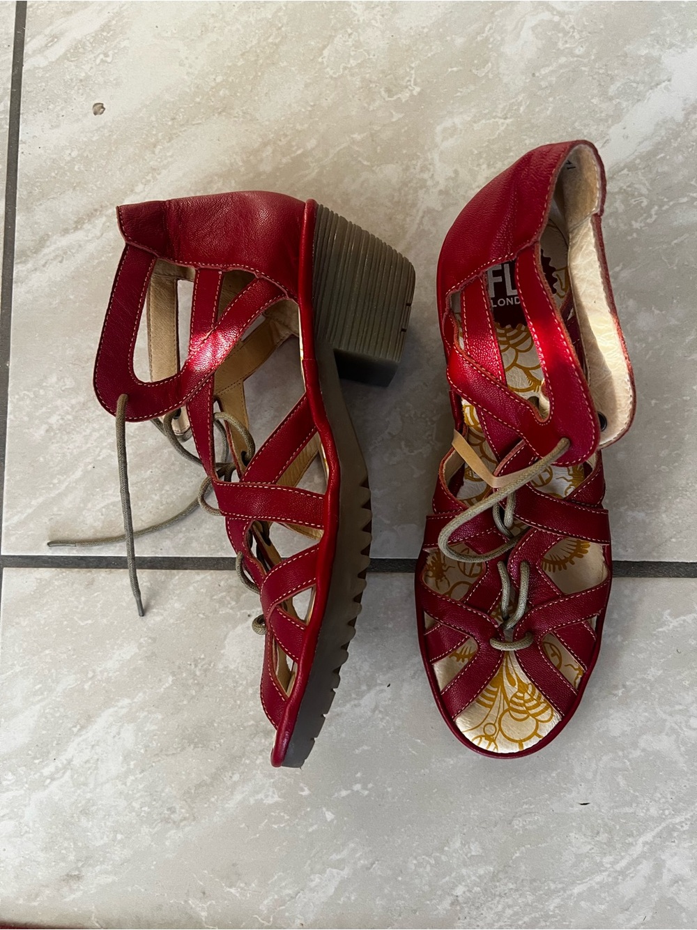 Fly London Red Leather Lace-Up Cutout Block Heel Sandals